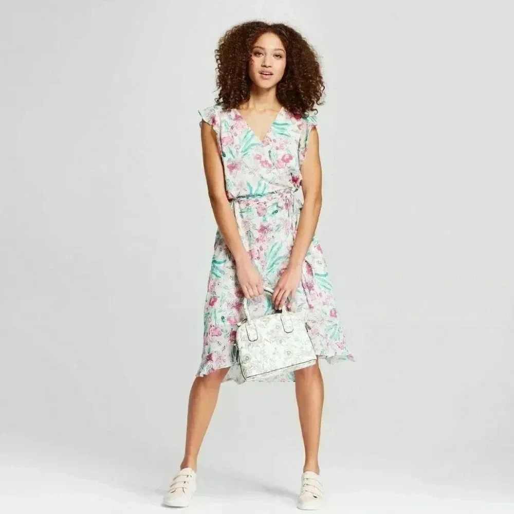 A NEW DAY Dress WOMENS  FLORAL PRINT WRAP RUFFLE SLEEVES PINK Green Sz M